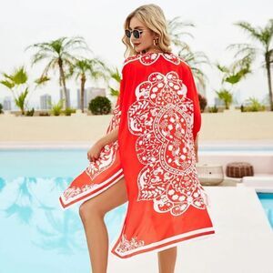 Taiajing red/white floral seaside open front kimono